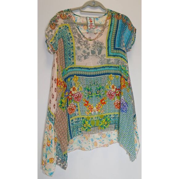 Johnny was womens large asymmetric hem floral blouse green top boho - Picture 2 of 9